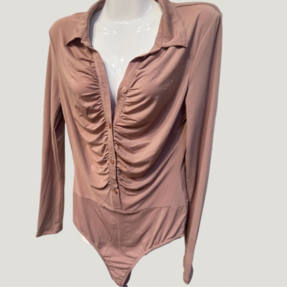 NWT Nude Mocha Long Sleeve Collared Ruched Button Down Bodysuit